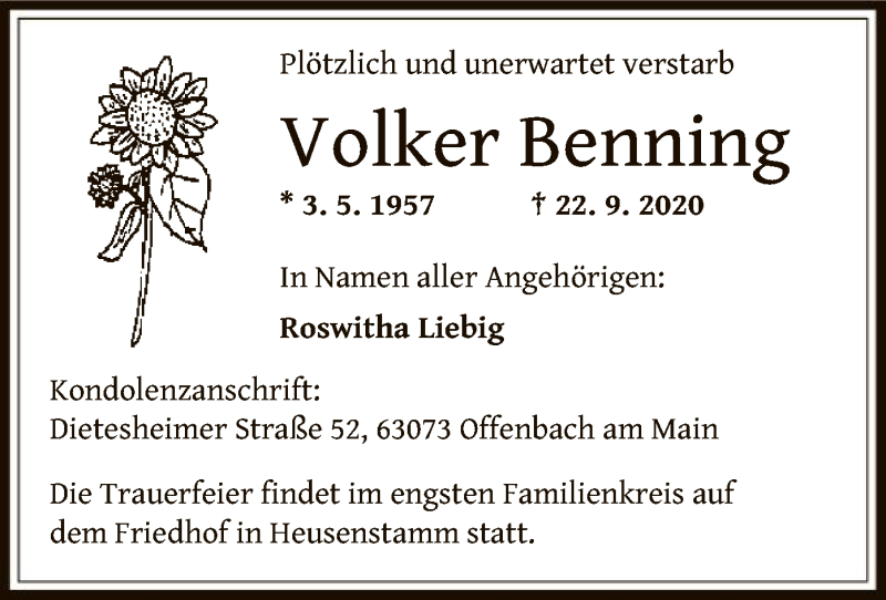  Traueranzeige für Volker Benning vom 02.10.2020 aus OF