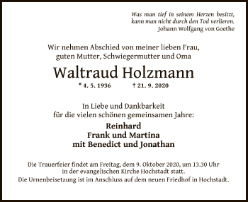 Traueranzeige von Waltraud Holzmann von OF