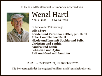 Traueranzeige von Wenzl Hartl von OF