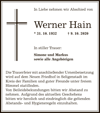 Traueranzeige von Werner Hain von OF