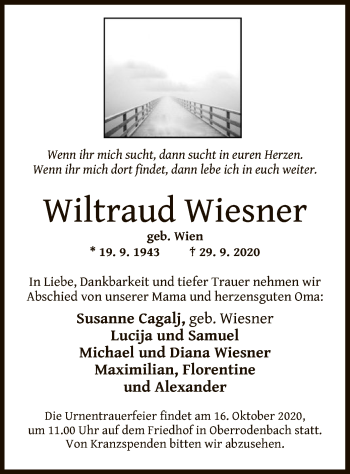 Traueranzeige von Wiltraud Wiesner von OF