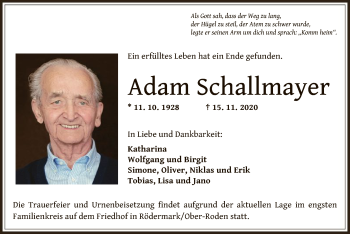 Traueranzeige von Adam Schallmayer von OF