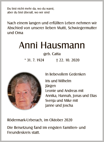 Traueranzeige von Anni Hausmann von OF