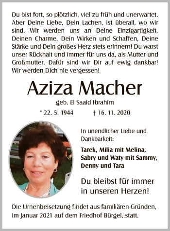 Traueranzeige von Aziza Macher von OF