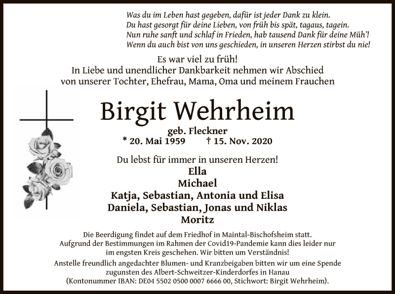  Traueranzeige für Birgit Wehrheim vom 28.11.2020 aus OF