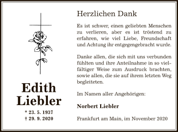 Traueranzeige von Edith Liebler von OF