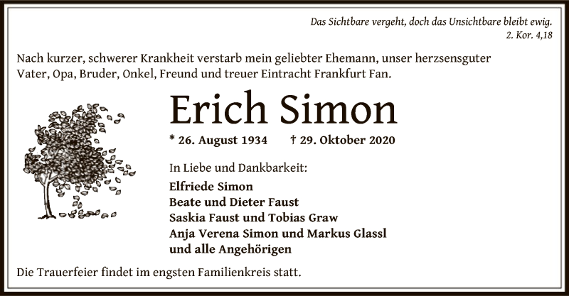  Traueranzeige für Erich Simon vom 05.11.2020 aus OF