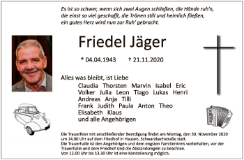 Traueranzeige von Friedel Jäger von OF