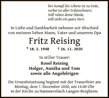 Traueranzeige von Fritz Reising von OF