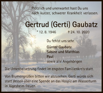 Traueranzeige von Gertrud Gaubatz von OF