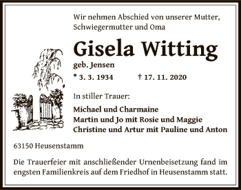 Traueranzeige von Gisela Witting von OF