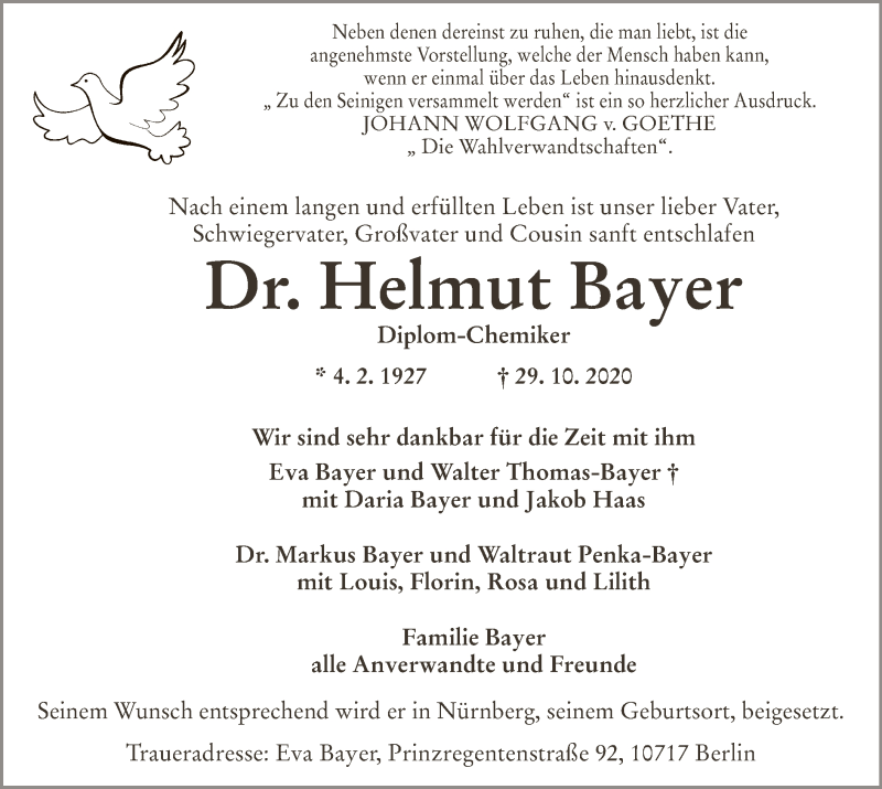  Traueranzeige für Helmut Bayer vom 07.11.2020 aus OF