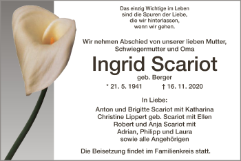 Traueranzeige von Ingrid Scariot von OF