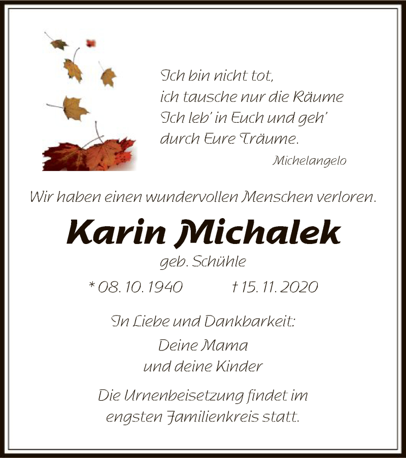  Traueranzeige für Karin Michalek vom 26.11.2020 aus OF