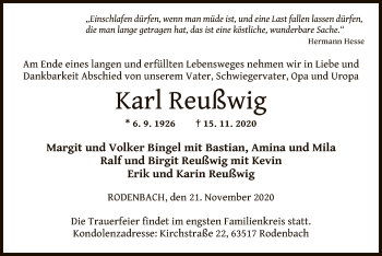 Traueranzeige von Karl Reußwig von OF