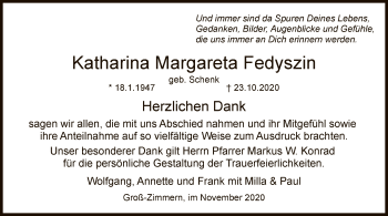 Traueranzeige von Katharina Margareta Fedyszin von OF