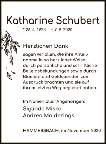 Traueranzeige von Katharine Schubert von OF