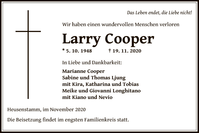  Traueranzeige für Larry Cooper vom 25.11.2020 aus OF