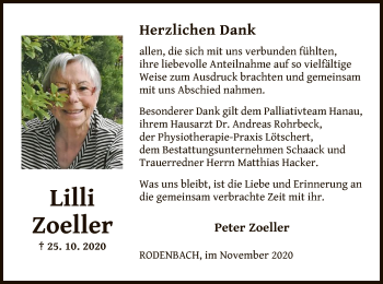 Traueranzeige von Lilli Zoeller von OF