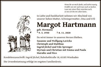 Traueranzeige von Margot Hartmann von OF