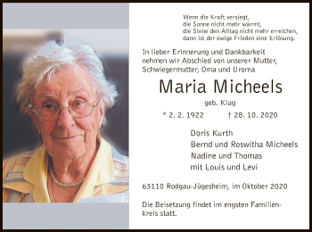 Traueranzeige von Maria Micheels von OF