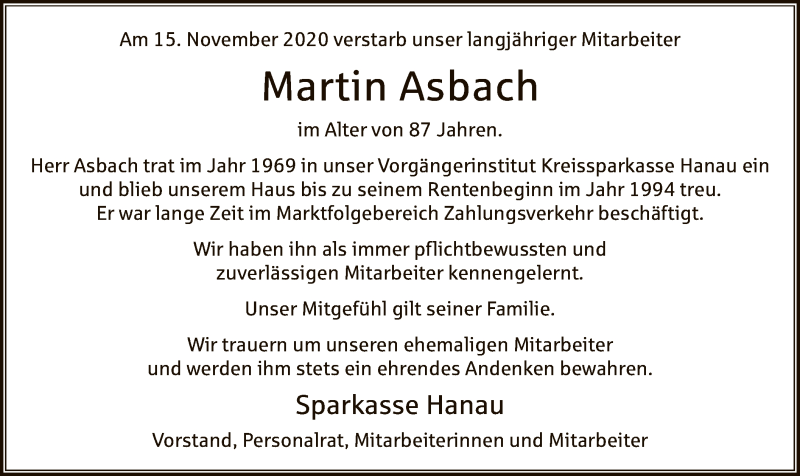  Traueranzeige für Martin Asbach vom 21.11.2020 aus OF