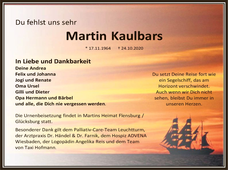  Traueranzeige für Martin Kaulbars vom 05.11.2020 aus OF