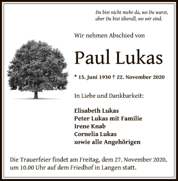 Traueranzeige von Paul Lukas von OF