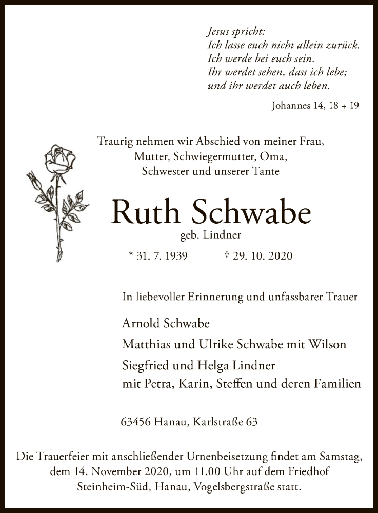  Traueranzeige für Ruth Schwabe vom 07.11.2020 aus OF