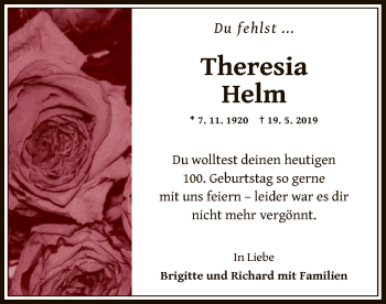 Traueranzeige von Theresia Helm von OF