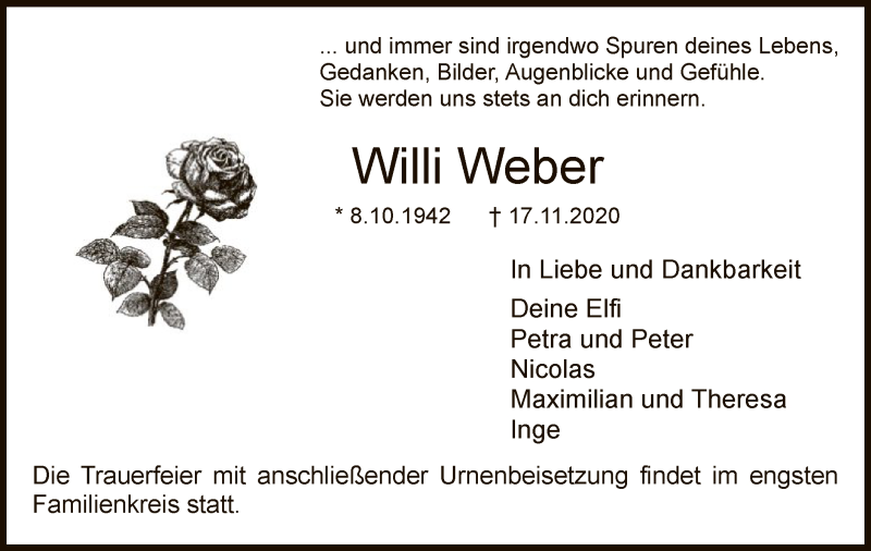  Traueranzeige für Willi Weber vom 21.11.2020 aus OF