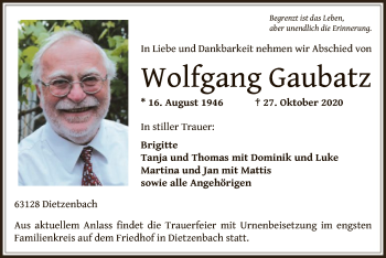 Traueranzeige von Wolfgang Gaubatz von OF