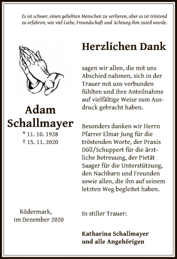 Traueranzeige von Adam Schallmayer von OF