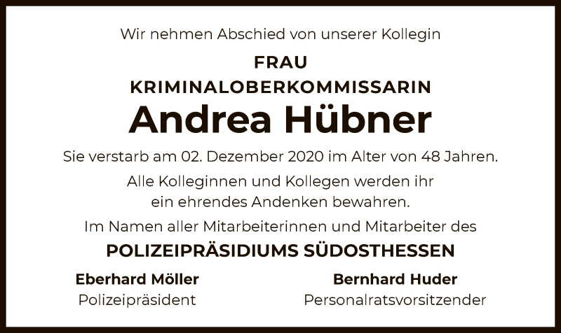  Traueranzeige für Andrea Hübner vom 12.12.2020 aus OF