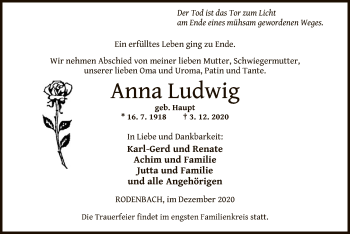 Traueranzeige von Anna Ludwig von OF