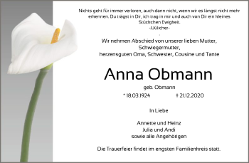 Traueranzeige von Anna Obmann von OF