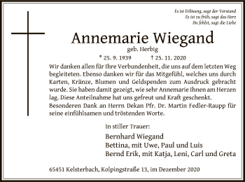 Traueranzeige von Annemarie Wiegand von OF