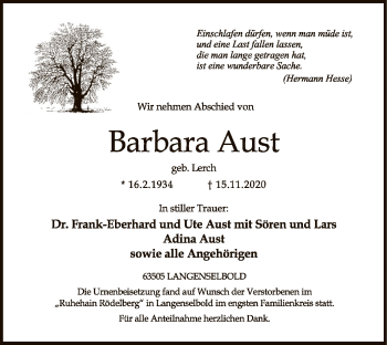 Traueranzeige von Barbara Aust von OF