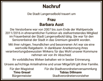 Traueranzeige von Barbara Aust von OF