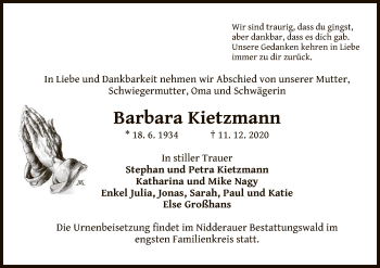 Traueranzeige von Barbara Kietzmann von OF