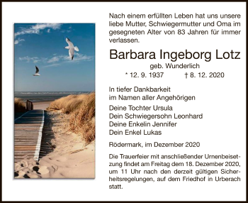 Traueranzeige von Barbara Ingeborg Lotz von OF