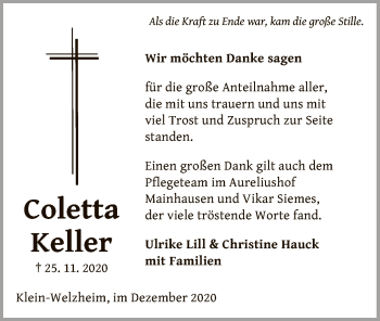 Traueranzeige von Coletta Keller von OF