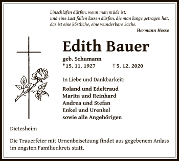 Traueranzeige von Edith Bauer von OF