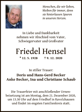 Traueranzeige von Friedel Hensel von OF