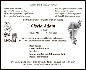 Traueranzeige von Gisela Adam von OF