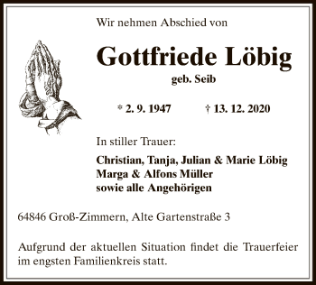 Traueranzeige von Gottfriede Löbig von OF