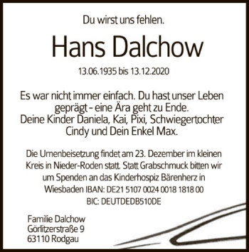 Traueranzeige von Hans Dalchow von OF