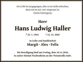 Traueranzeige von Hans Ludwig Haller von OF