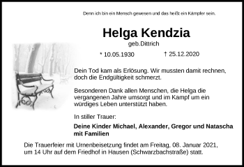 Traueranzeige von Helga Kendzia von OF