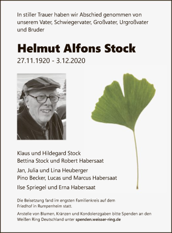 Traueranzeige von Helmut Alfons Stock von OF